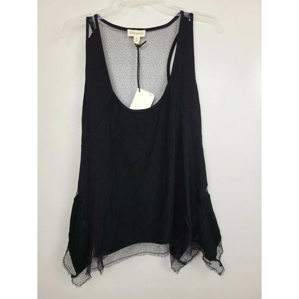 Liberty Garden BOHO Tank Top Womens Large Black Mesh Detail Uneven NWT - Picture 3 of 11